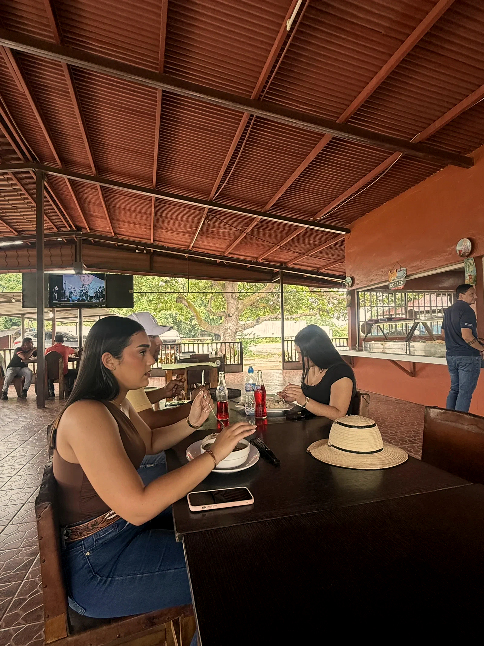 Grupo comiendo en una mesa con sombrero de paja y refrescos, televisor con música de fondo